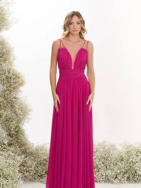 Abito lungo fucsia con scollo a V e spalline sottili