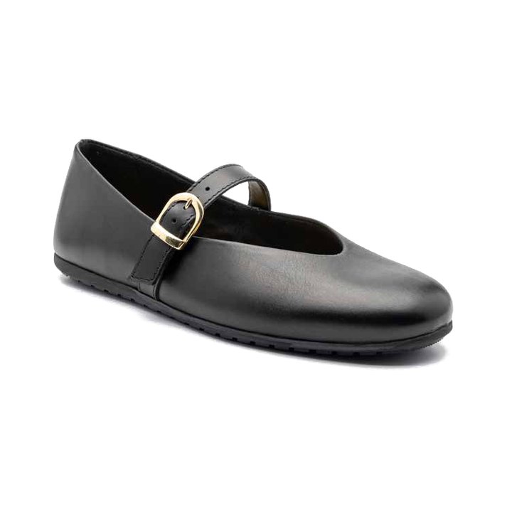 Ballerina nera in pelle con cinturino e fibbia dorata