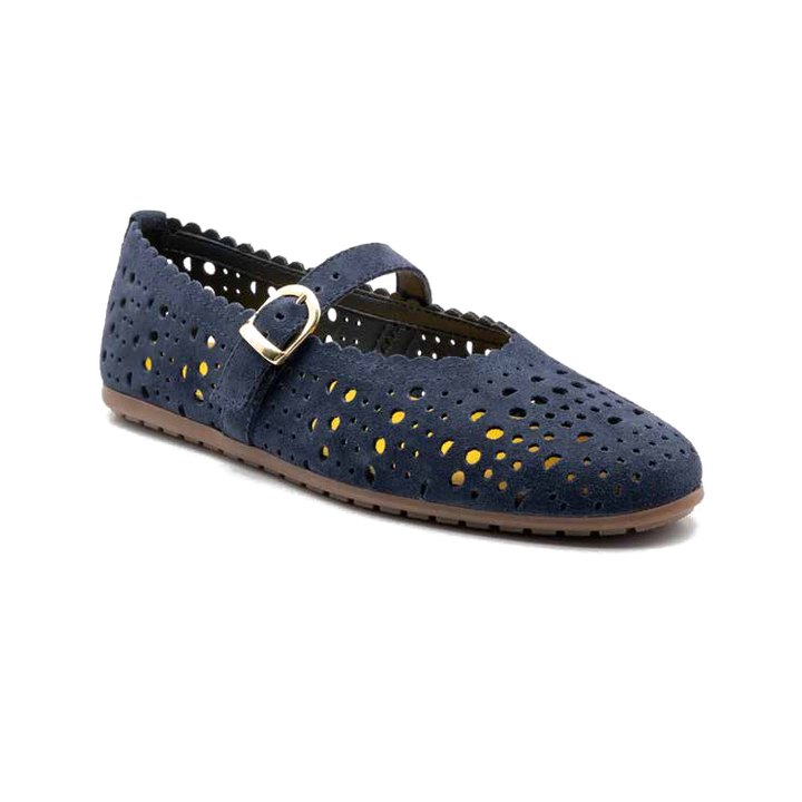 Ballerina blu in camoscio traforato con cinturino e fibbia