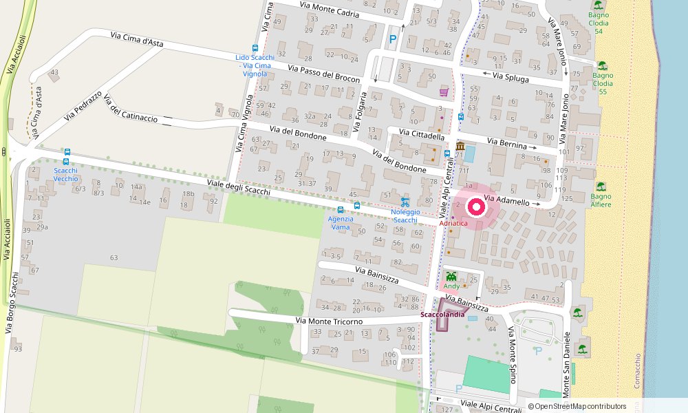 Mappa di Lido degli Scacchi con il punto del negozio in via Adamello 10, a due passi dal mare