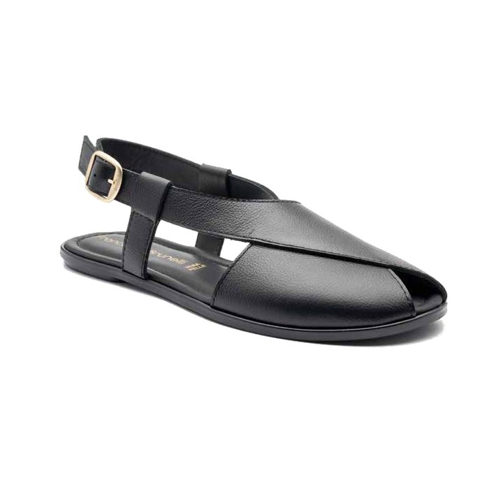 Ciabatta bassa nera in pelle con fascia larga e cinturino